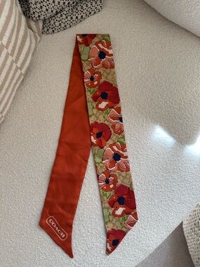 Coach Floral Silk Skinny Scarf in Orange, Red & Green